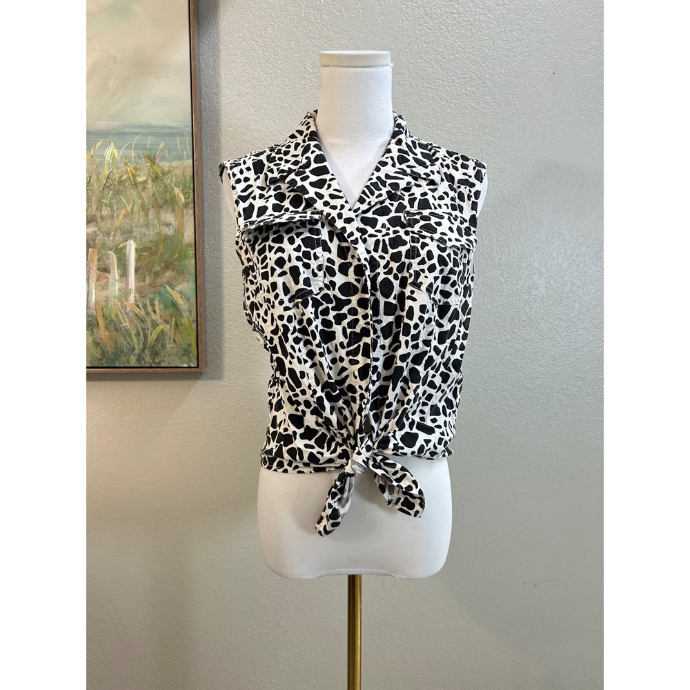 Sleeveless Tie Front Animal Print Button Up Blouse Black White Cow Spot Top